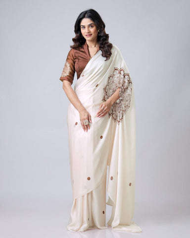 Reception Wear Off White Color Japan Satin Digital Printed Hands-Free Ready To Wear Saree