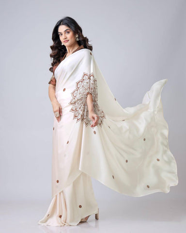 Reception Wear Off White Color Japan Satin Digital Printed Hands-Free Ready To Wear Saree