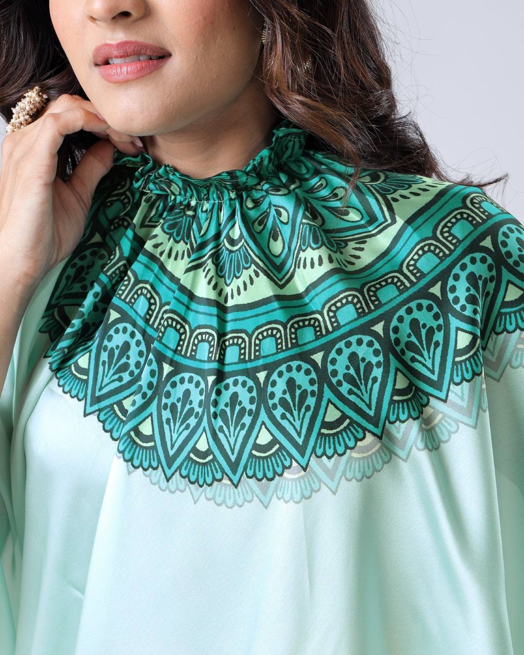 Reception Wear Light Green Color Japan Satin Digital Printed Hands-Free Ready To Wear Saree