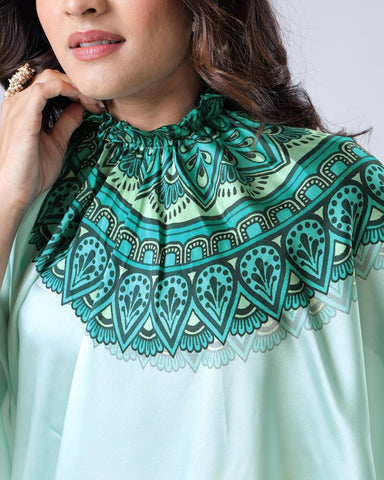 Reception Wear Light Green Color Japan Satin Digital Printed Hands-Free Ready To Wear Saree