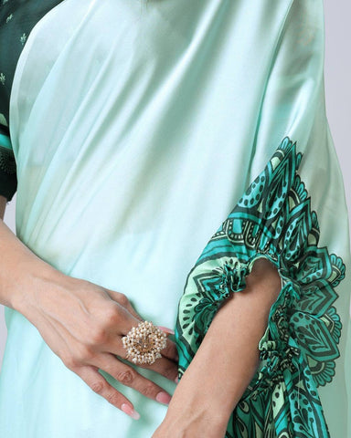 Reception Wear Light Green Color Japan Satin Digital Printed Hands-Free Ready To Wear Saree