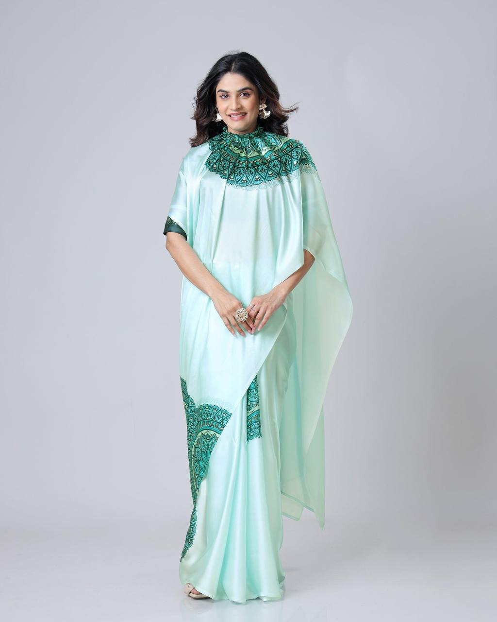 Reception Wear Light Green Color Japan Satin Digital Printed Hands-Free Ready To Wear Saree