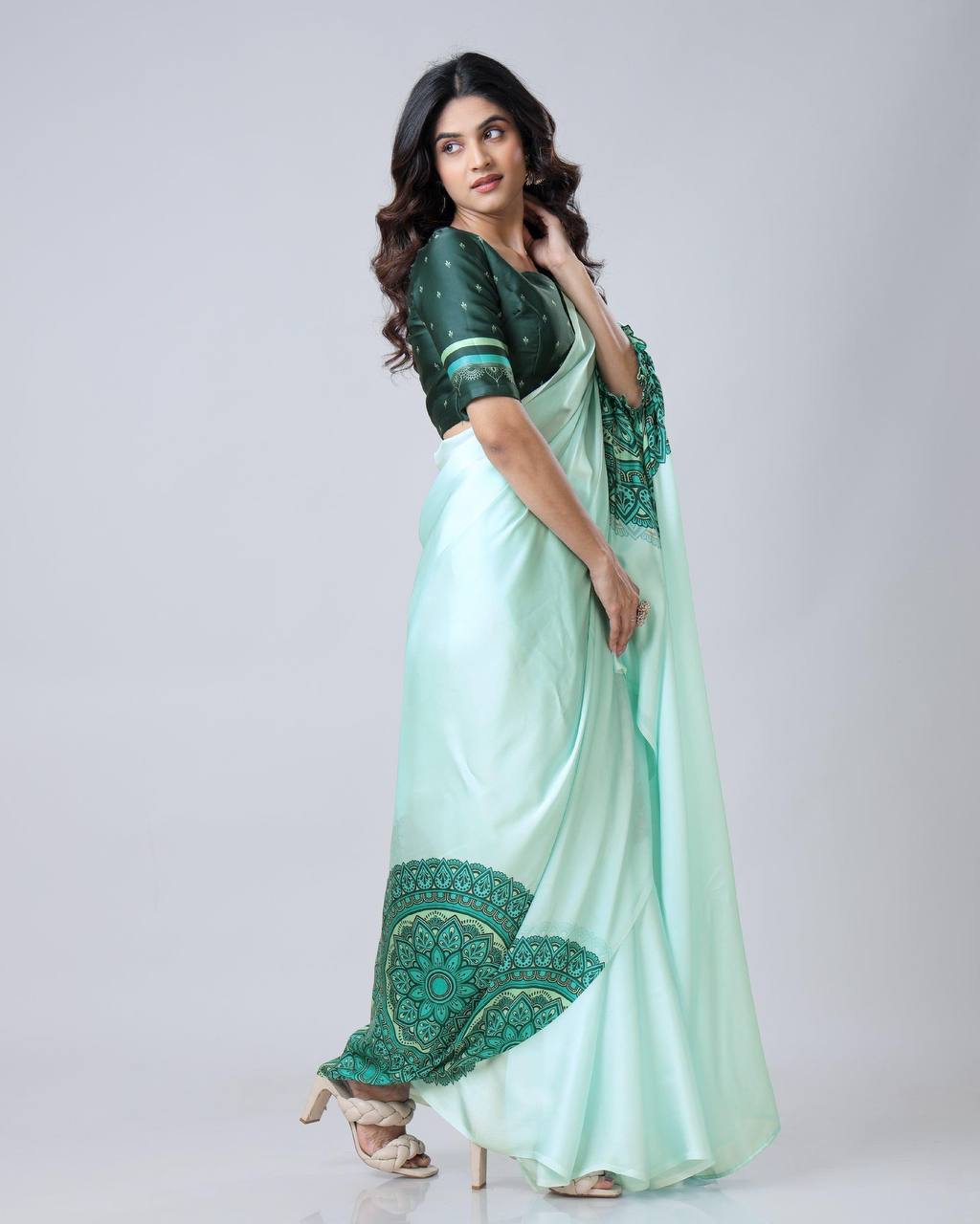 Reception Wear Light Green Color Japan Satin Digital Printed Hands-Free Ready To Wear Saree