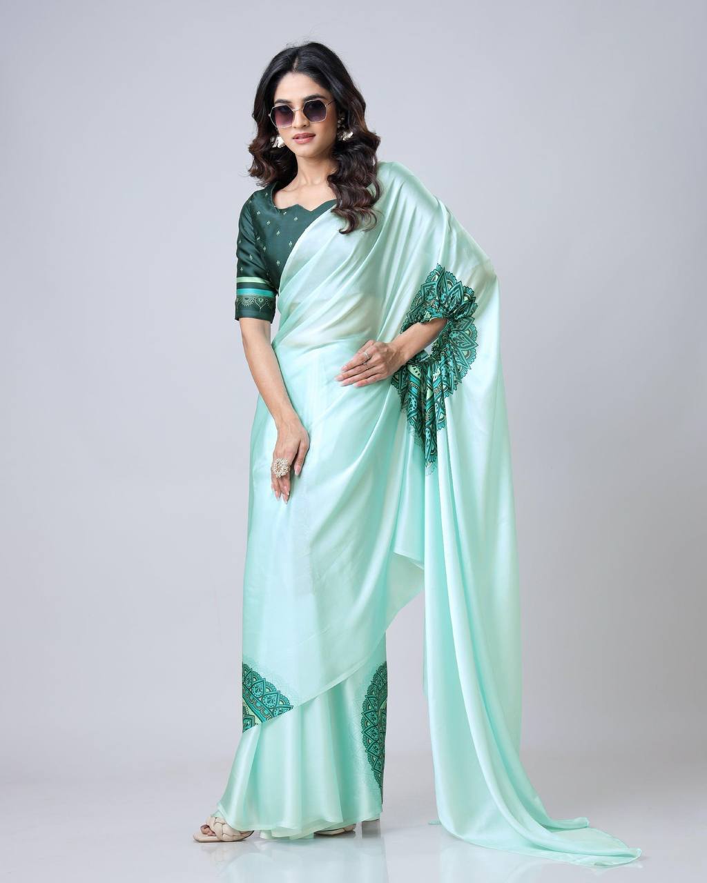 Reception Wear Light Green Color Japan Satin Digital Printed Hands-Free Ready To Wear Saree