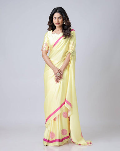 Reception Wear Light Yellow Color Japan Satin Digital Printed Hands-Free Ready To Wear Saree