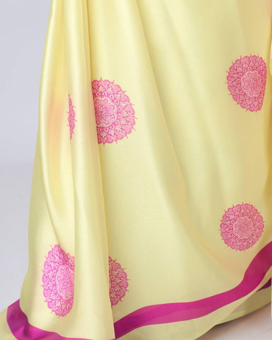 Reception Wear Light Yellow Color Japan Satin Digital Printed Hands-Free Ready To Wear Saree