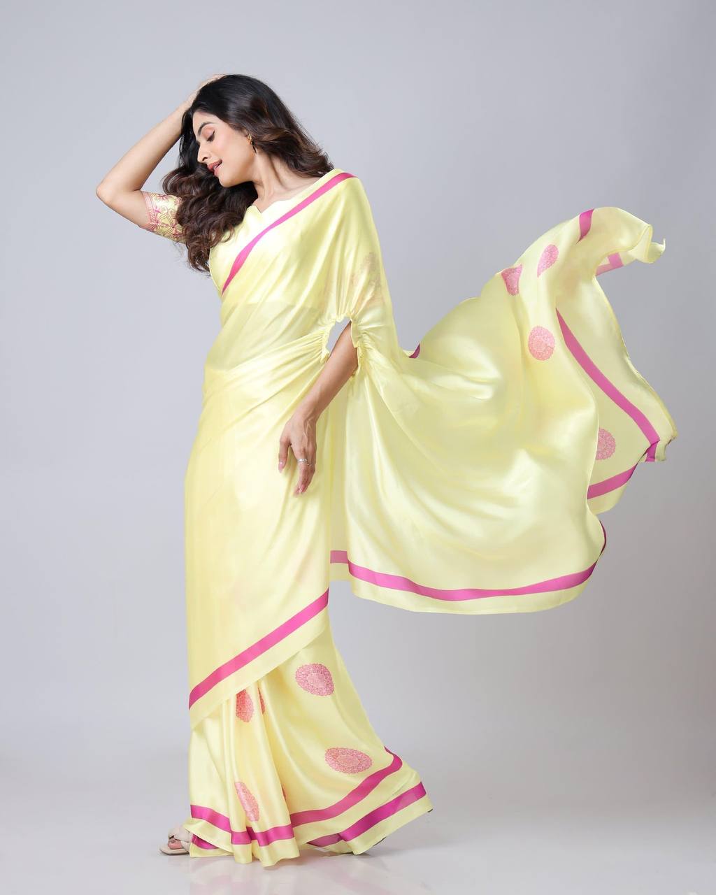 Reception Wear Light Yellow Color Japan Satin Digital Printed Hands-Free Ready To Wear Saree