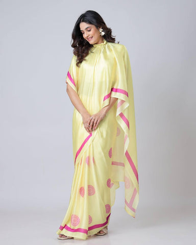 Reception Wear Light Yellow Color Japan Satin Digital Printed Hands-Free Ready To Wear Saree