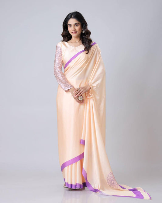 Reception Wear Light Peach Color Japan Satin Digital Printed Hands-Free Ready To Wear Saree