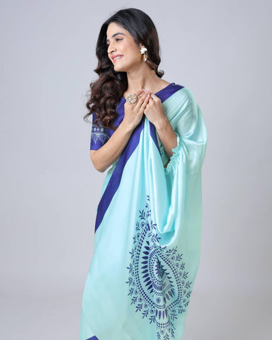 Reception Wear Sky Color Japan Satin Digital Printed Hands-Free Ready To Wear Saree