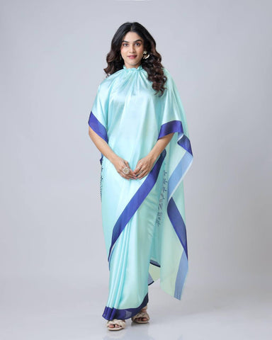 Reception Wear Sky Color Japan Satin Digital Printed Hands-Free Ready To Wear Saree