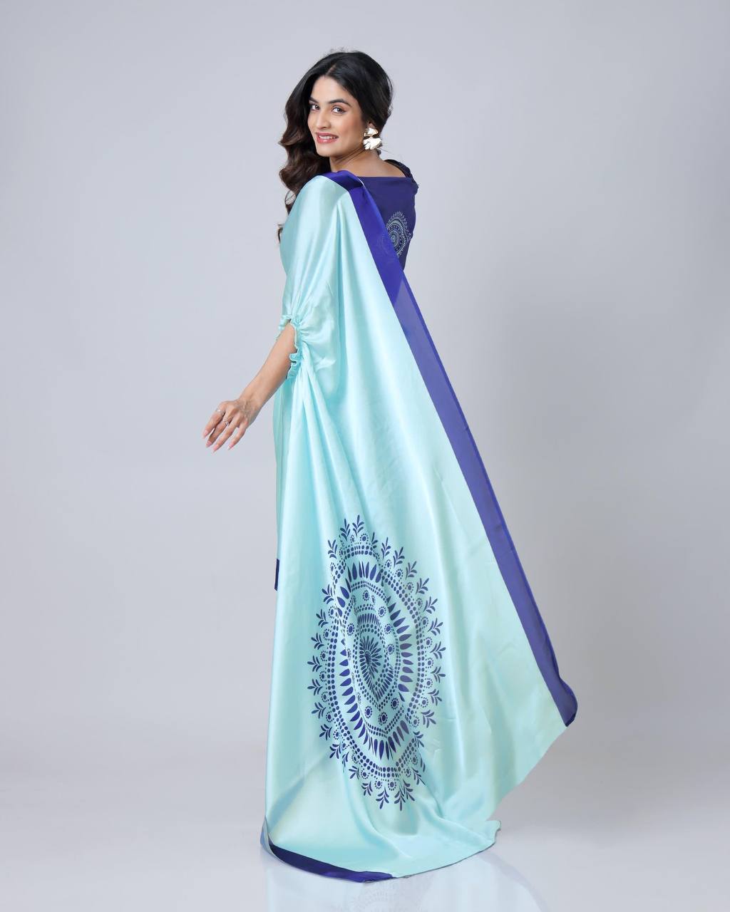 Reception Wear Sky Color Japan Satin Digital Printed Hands-Free Ready To Wear Saree