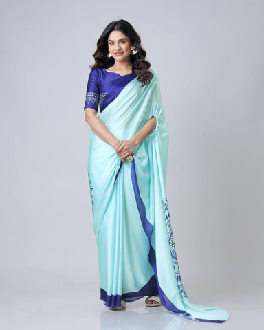 Reception Wear Sky Color Japan Satin Digital Printed Hands-Free Ready To Wear Saree