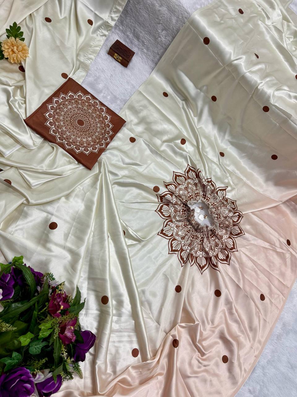 Reception Wear Off White Color Japan Satin Digital Printed Hands-Free Ready To Wear Saree