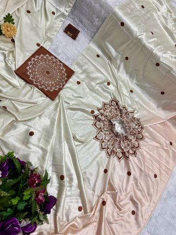 Reception Wear Off White Color Japan Satin Digital Printed Hands-Free Ready To Wear Saree