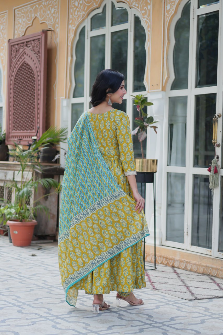 Ceremony Wear Mustard Color Pure Cotton Printed Designer Palazzo Pent Suit