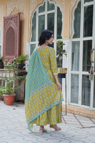 Ceremony Wear Mustard Color Pure Cotton Printed Designer Palazzo Pent Suit