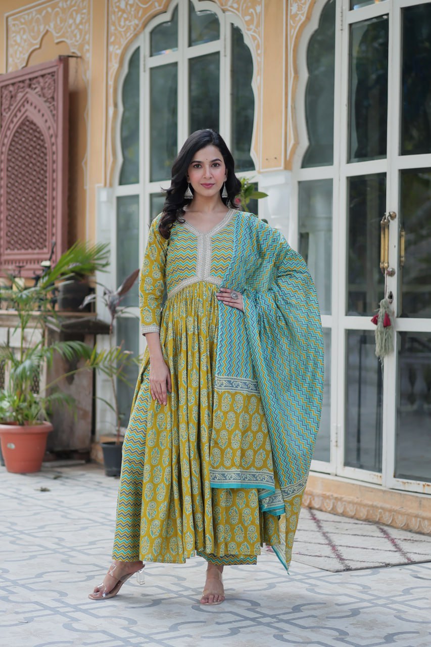 Ceremony Wear Mustard Color Pure Cotton Printed Designer Palazzo Pent Suit