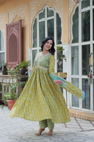 Ceremony Wear Mustard Color Pure Cotton Printed Designer Palazzo Pent Suit