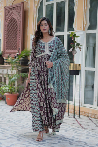 Ceremony Wear Wine Color Pure Cotton Printed Designer Palazzo Pent Suit