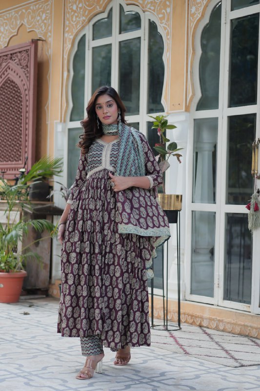 Ceremony Wear Wine Color Pure Cotton Printed Designer Palazzo Pent Suit