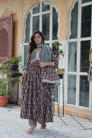Ceremony Wear Wine Color Pure Cotton Printed Designer Palazzo Pent Suit