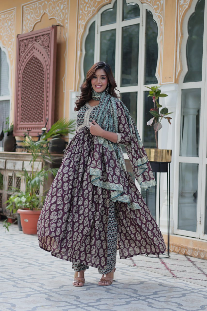Ceremony Wear Wine Color Pure Cotton Printed Designer Palazzo Pent Suit