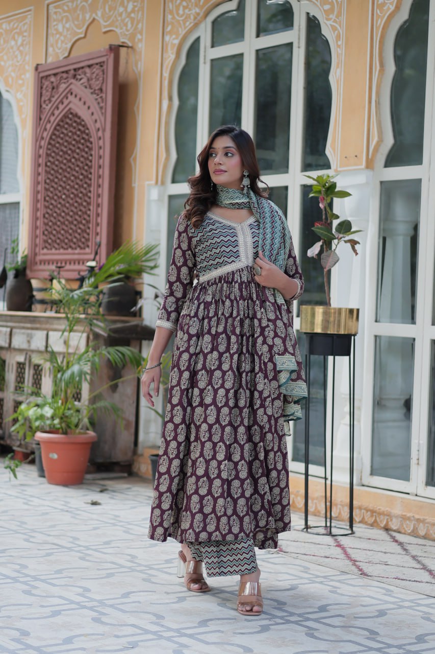 Ceremony Wear Wine Color Pure Cotton Printed Designer Palazzo Pent Suit