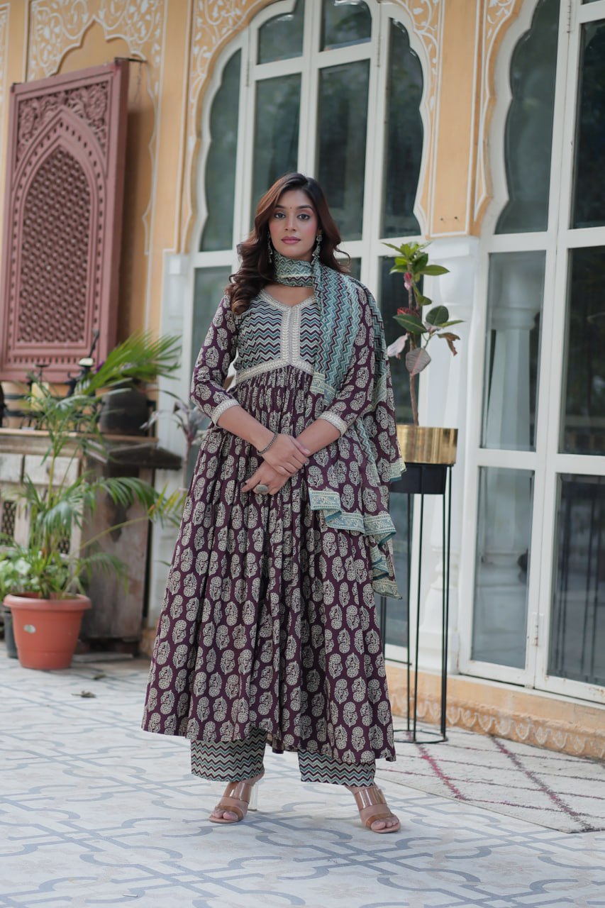 Ceremony Wear Wine Color Pure Cotton Printed Designer Palazzo Pent Suit