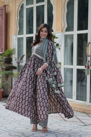 Ceremony Wear Wine Color Pure Cotton Printed Designer Palazzo Pent Suit