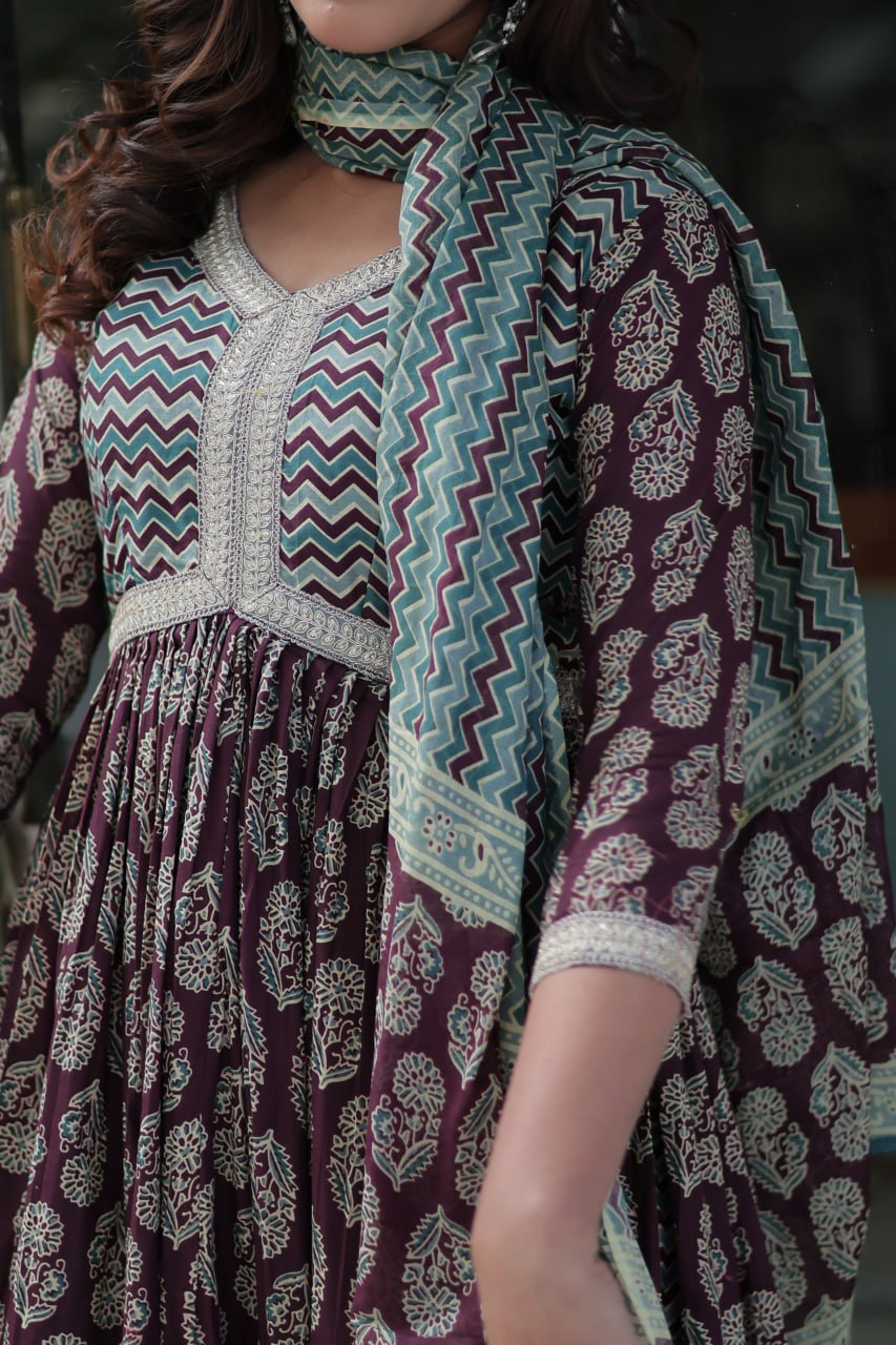 Ceremony Wear Wine Color Pure Cotton Printed Designer Palazzo Pent Suit
