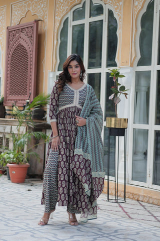 Ceremony Wear Wine Color Pure Cotton Printed Designer Palazzo Pent Suit