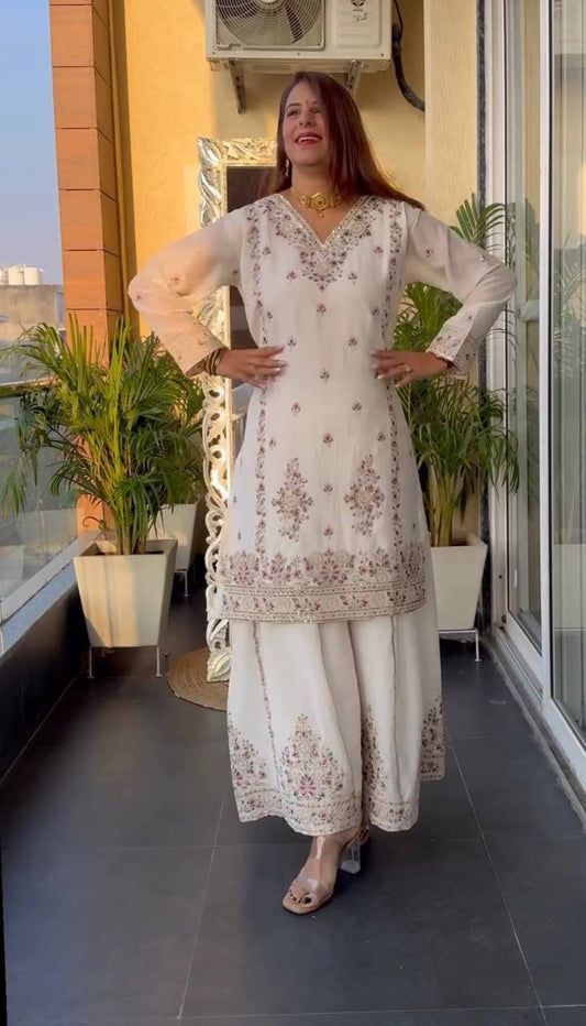 Luxuriant White Color Pure Chinon Silk With Heavy Embroidery Coding Sequence Work Palazzo Suit