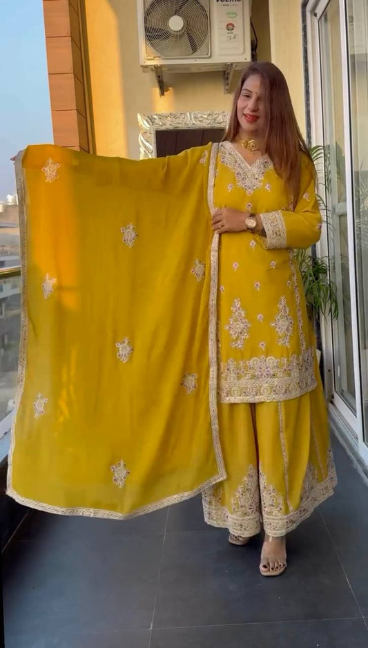 Demanding Yellow Color Pure Chinon Silk With Heavy Embroidery Coding Sequence Work Palazzo Suit
