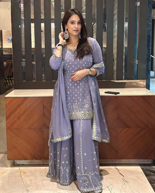 Wedding Wear Grey Color Heavy Faux Georgette With Embroidery Sequences Work Designer Palazzo Suit