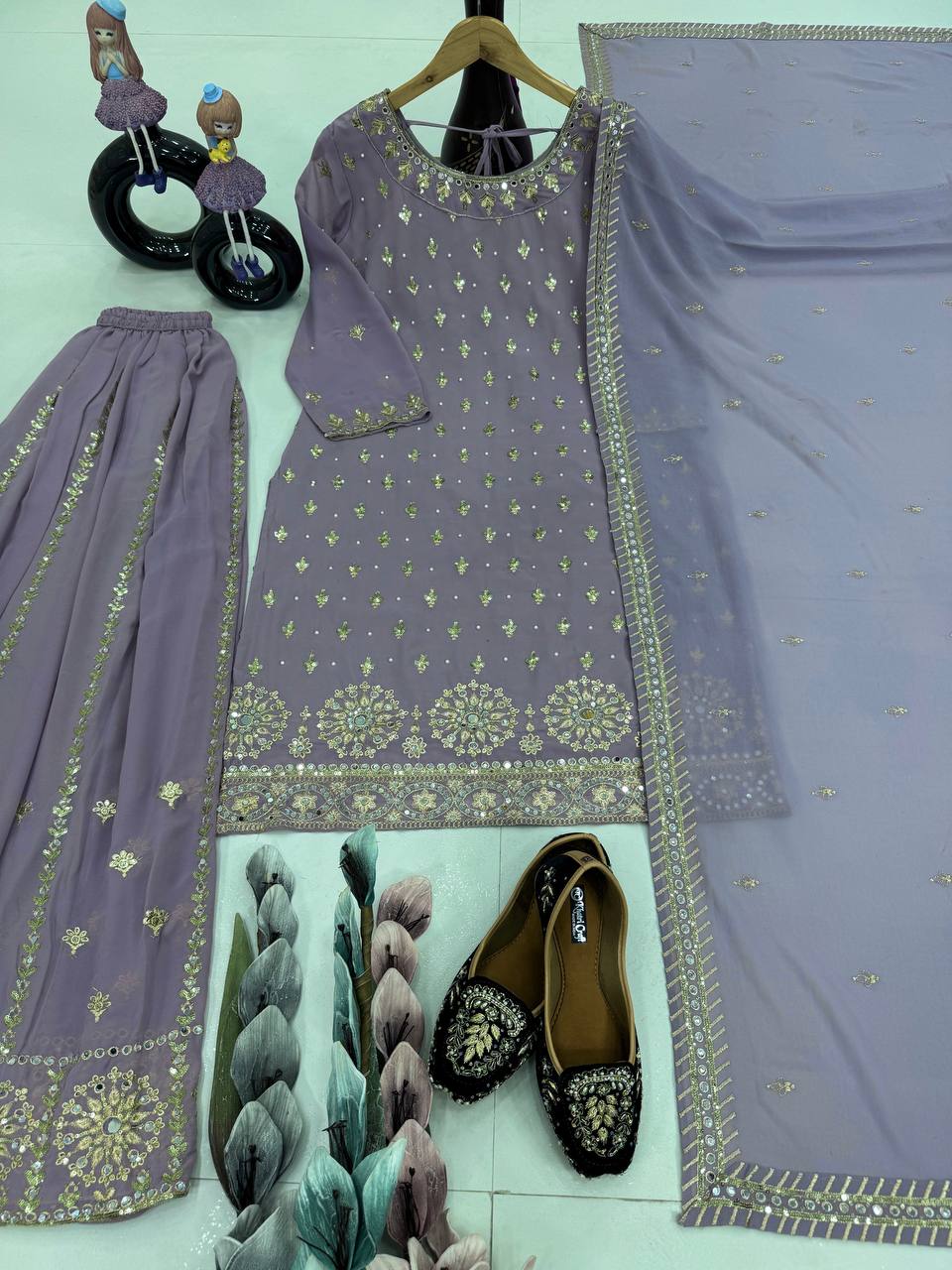 Wedding Wear Grey Color Heavy Faux Georgette With Embroidery Sequences Work Designer Palazzo Suit