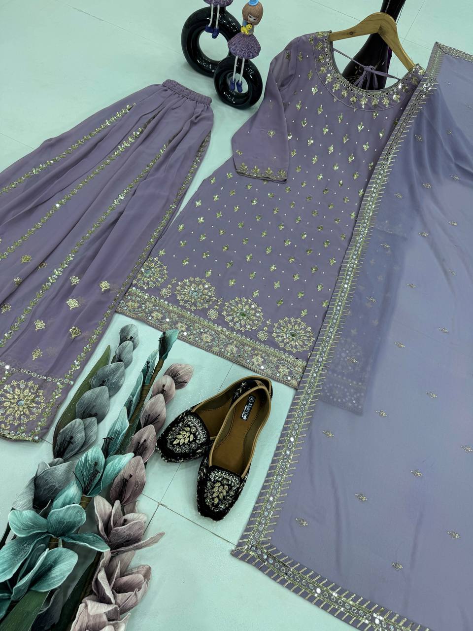 Wedding Wear Grey Color Heavy Faux Georgette With Embroidery Sequences Work Designer Palazzo Suit