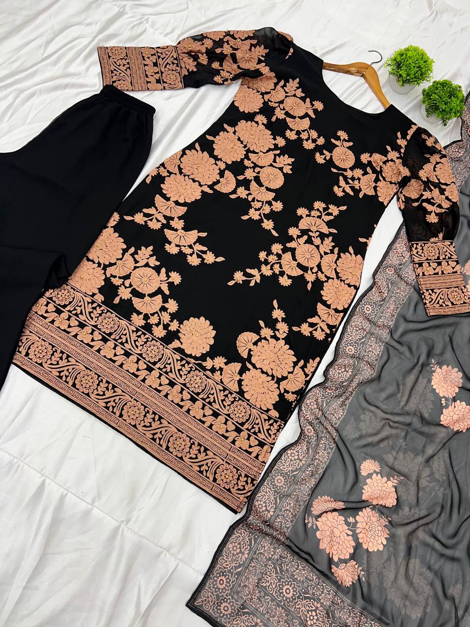 Admiring Black Color Heavy Georgette With Embroidery Work And Moti Work Salwar Suit