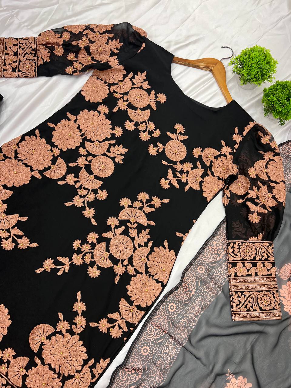 Admiring Black Color Heavy Georgette With Embroidery Work And Moti Work Salwar Suit