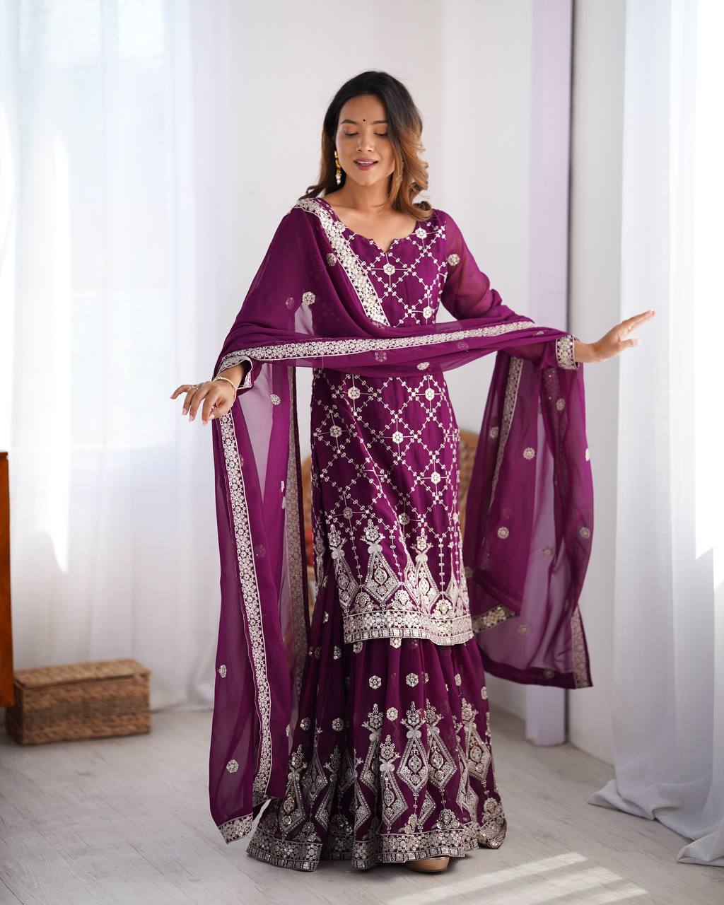 Ceremony Wear Purple Color Faux Georgette And Thread With Sequence Work Sharara Suit