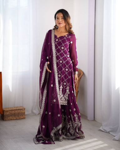 Ceremony Wear Purple Color Faux Georgette And Thread With Sequence Work Sharara Suit