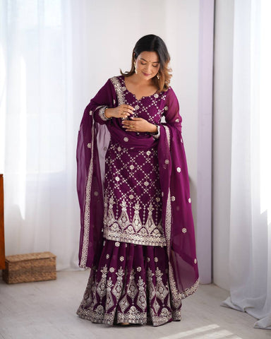 Ceremony Wear Purple Color Faux Georgette And Thread With Sequence Work Sharara Suit