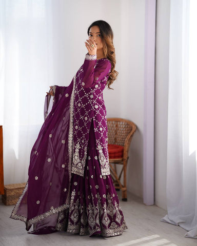Ceremony Wear Purple Color Faux Georgette And Thread With Sequence Work Sharara Suit