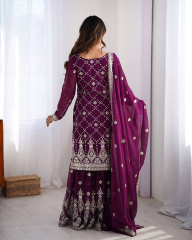Ceremony Wear Purple Color Faux Georgette And Thread With Sequence Work Sharara Suit
