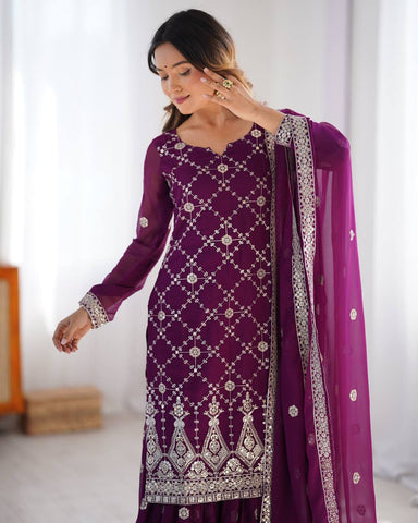 Ceremony Wear Purple Color Faux Georgette And Thread With Sequence Work Sharara Suit