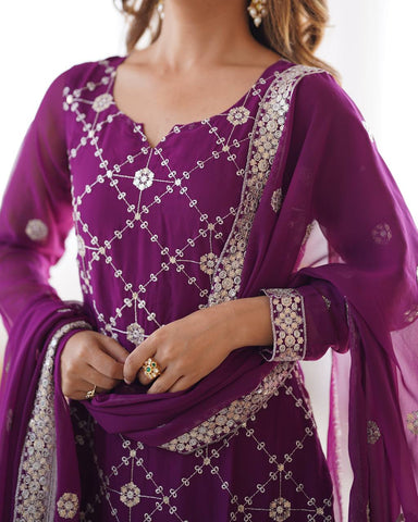 Ceremony Wear Purple Color Faux Georgette And Thread With Sequence Work Sharara Suit