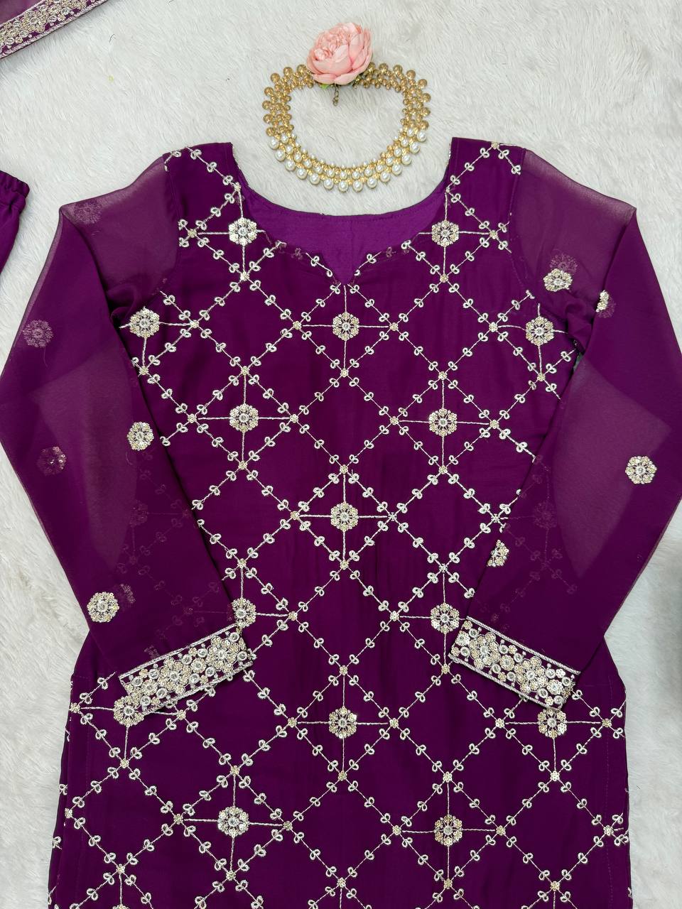 Ceremony Wear Purple Color Faux Georgette And Thread With Sequence Work Sharara Suit