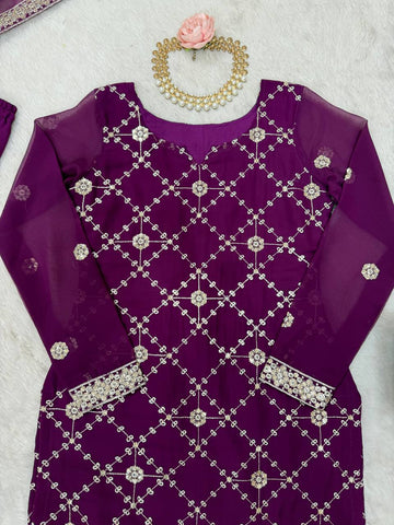 Ceremony Wear Purple Color Faux Georgette And Thread With Sequence Work Sharara Suit