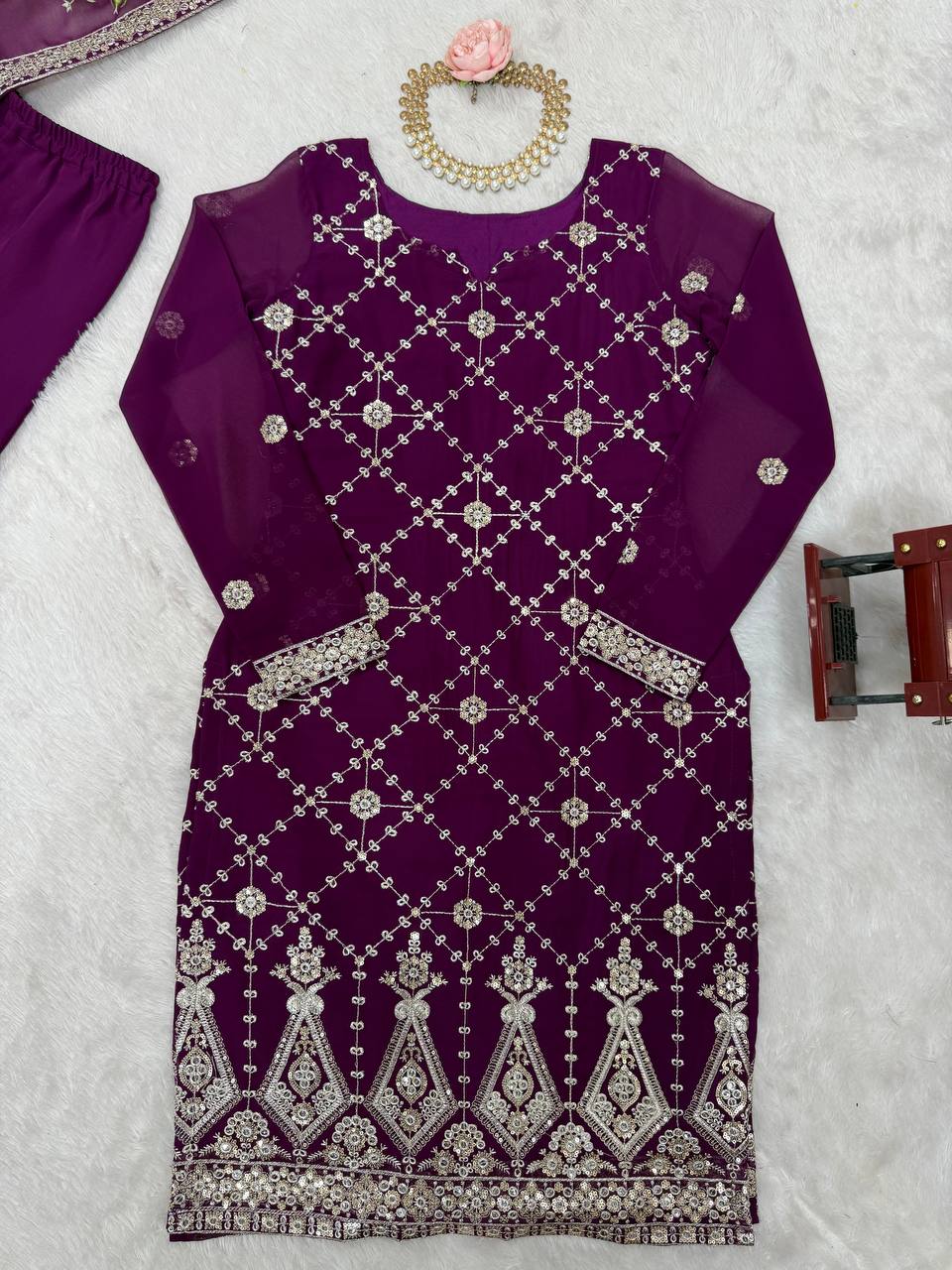 Ceremony Wear Purple Color Faux Georgette And Thread With Sequence Work Sharara Suit