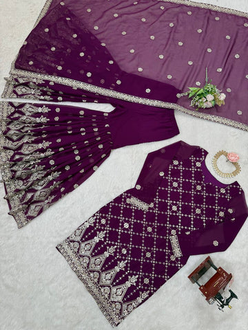 Ceremony Wear Purple Color Faux Georgette And Thread With Sequence Work Sharara Suit